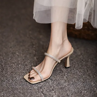 Rhinestone Square Toe Sandals And Slippers Women'S Summer Wear Summer New Style High Heeled Sandals Beige - Shop at LoveMi