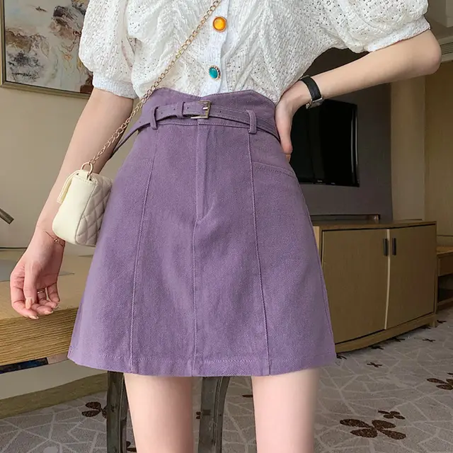 High Waisted A Line Skirt Design Sense Purple - Shop at LoveMi