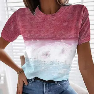 Women's New Marine Landscape Print Crew Neck T Shirt - Red