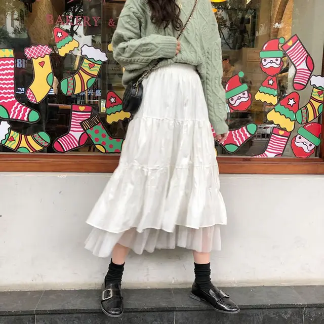 Half Length Skirt Female New Fairy Skirt Temperament Student Was Thin Mid Length Stitching Mesh A Line Skirt White - Shop at LoveMi