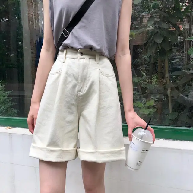 Harajuku Bf Wind High Waist All Match Straight Wide Leg Shorts Women White - Shop at LoveMi