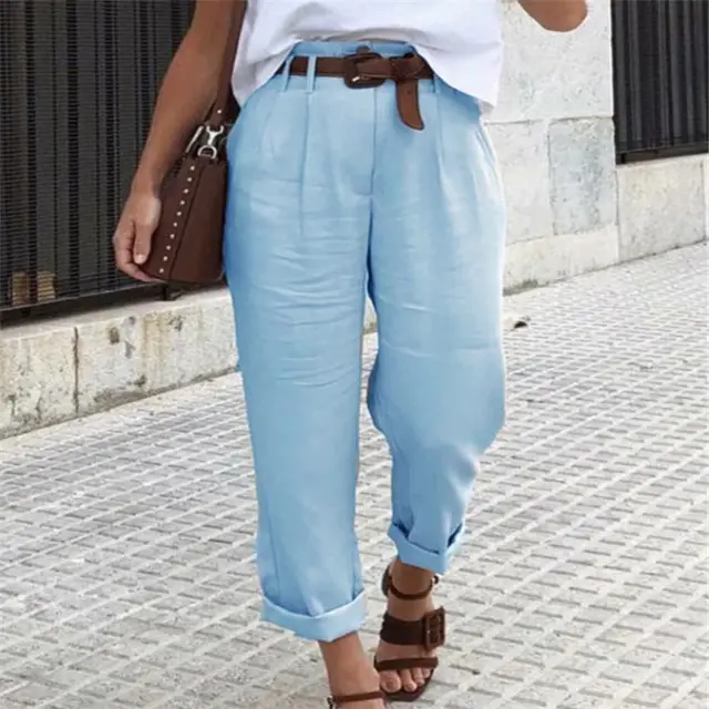 Women's Casual Solid Color Loose High Waist Trousers Blue - Shop at LoveMi