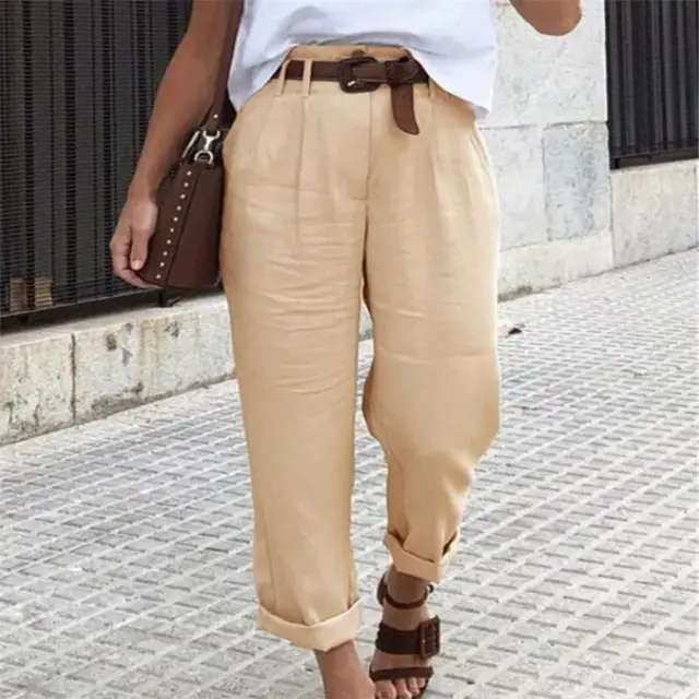 Women's Casual Solid Color Loose High Waist Trousers Khaki - Shop at LoveMi