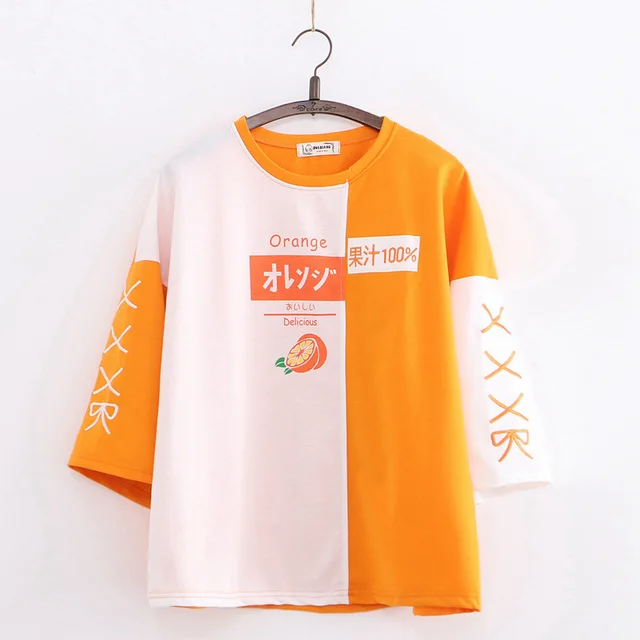 Japanese Embroidered Orange Color Matching Loose Short Sleeved T Shirt Orange - Shop at LoveMi