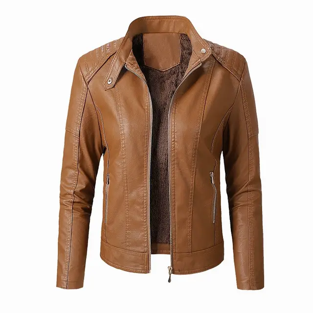 New Women's Leather Jackets Plus Velvet Jackets Fashion PU Ladies Leather Jackets Brown - Shop at LoveMi
