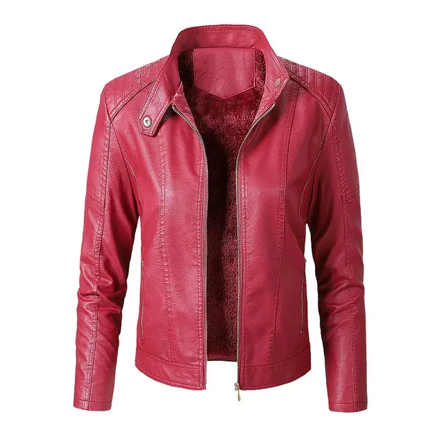 New Women's Leather Jackets Plus Velvet Jackets Fashion PU Ladies Leather Jackets Red - Shop at LoveMi