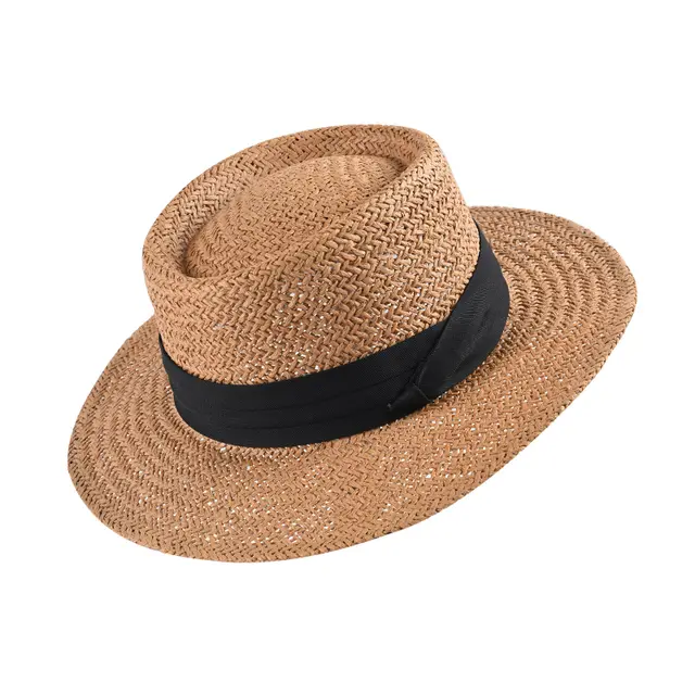 Ladies Hand woven Flat Straw Hat Khaki Black - Shop at LoveMi