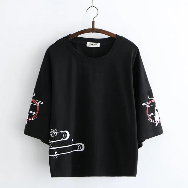 Sweet Summer Cartoon Print Girly Loose Round Neck Five Point Sleeve T Shirt Blouse Black - Shop at LoveMi