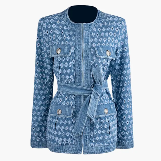 Metal button decoration heavy industry washing and grinding hole round collar denim lace up coat Blue - Shop at LoveMi