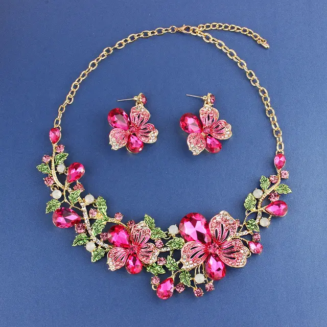 Necklace Exaggerated Colorful Flowers Full Of Diamond Crystal Necklace Earrings Jewelry Set Pink - Shop at LoveMi