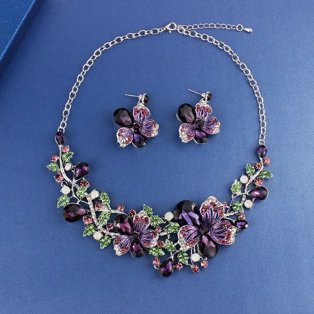Necklace Exaggerated Colorful Flowers Full Of Diamond Crystal Necklace Earrings Jewelry Set Purple - Shop at LoveMi