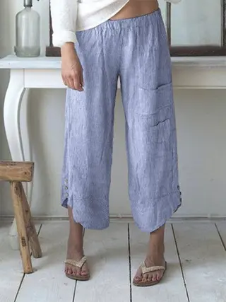 Women's Striped Pocket Button Cotton And Linen Wide Leg Cropped Trousers - Blue