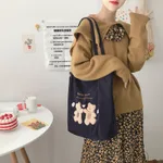 Corduroy One-Shoulder Canvas Bag Wild Bear Embroidery Bag - Blue