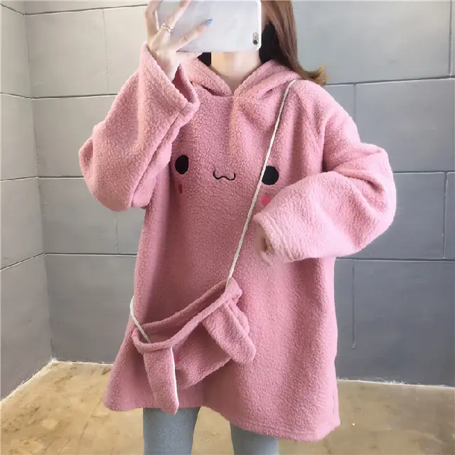 Cute Long Rabbit Ears Lamb Wool Hooded Pullover Sweater Pink - Shop at LoveMi