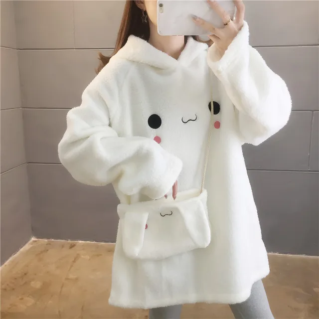 Cute Long Rabbit Ears Lamb Wool Hooded Pullover Sweater White - Shop at LoveMi