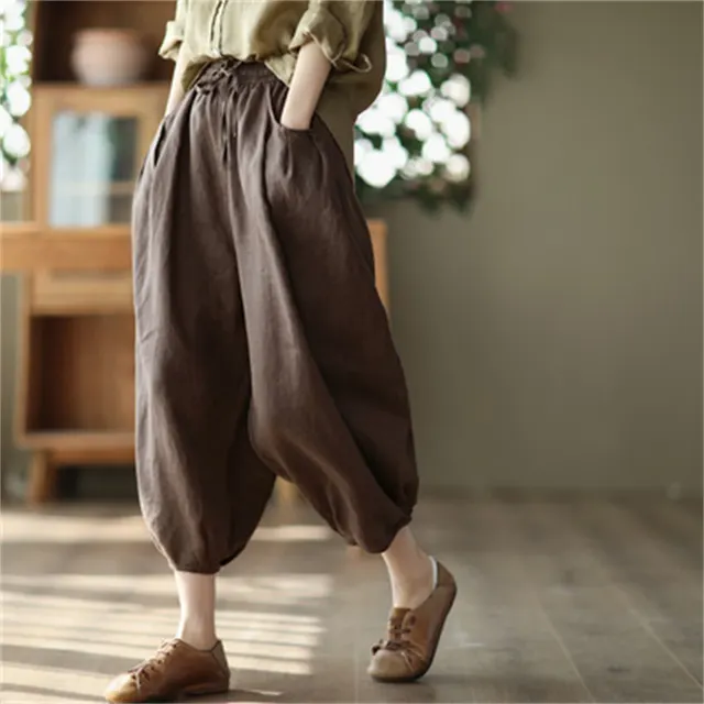 Summer Loose Plus Size Cotton And Linen Harem Pants Casual Straight Leg Pants Deep Coffee - Shop at LoveMi