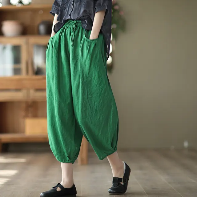 Summer Loose Plus Size Cotton And Linen Harem Pants Casual Straight Leg Pants Green - Shop at LoveMi