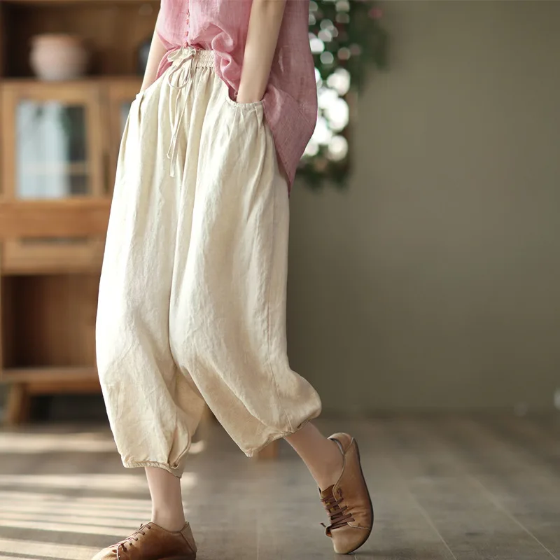 Summer Loose Plus Size Cotton And Linen Harem Pants Casual Straight Leg Pants - Hemp Color
