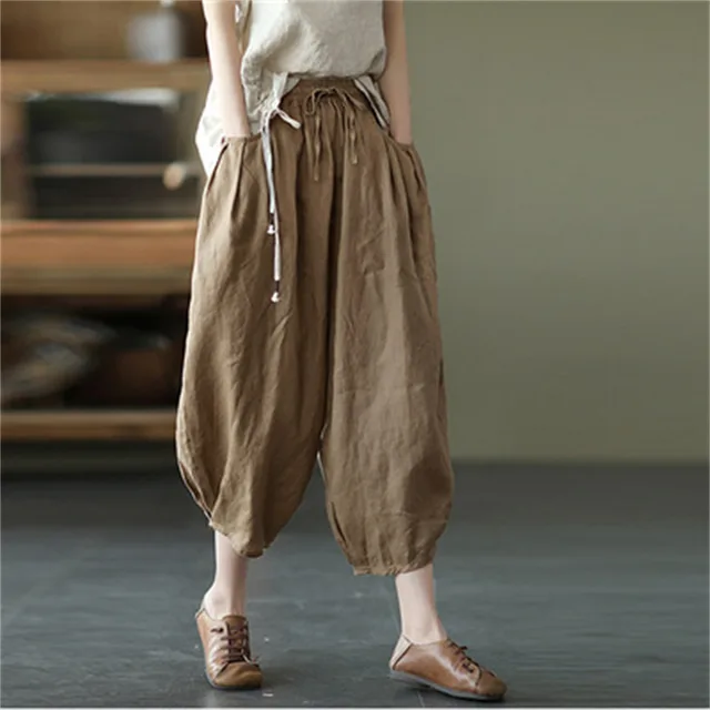 Summer Loose Plus Size Cotton And Linen Harem Pants Casual Straight Leg Pants Shallow Coffee - Shop at LoveMi