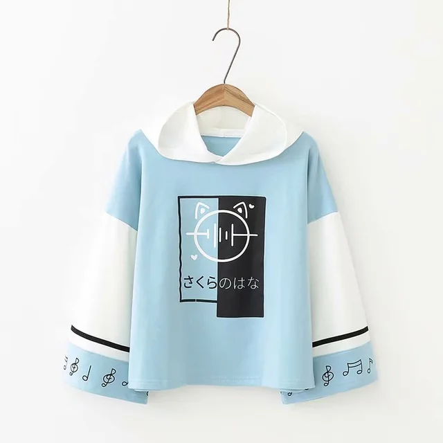 Color blocking Sleeves Note Printing Loose Pullover Long sleeved Sweater Blue - Shop at LoveMi