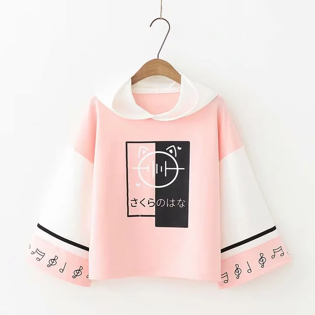 Color blocking Sleeves Note Printing Loose Pullover Long sleeved Sweater Pink - Shop at LoveMi