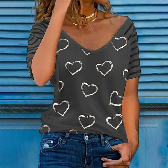 Fashion Love Print V Neck Short Sleeves Black - Shop at LoveMi