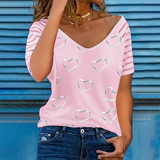 Fashion Love Print V Neck Short Sleeves Pink - Shop at LoveMi