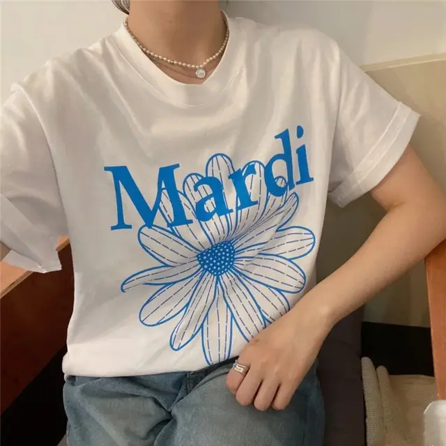 Green Flower Short Sleeved Women 21 Years New Female Design Sense Ins Trend Flower T White Blue Flowers - Shop at LoveMi