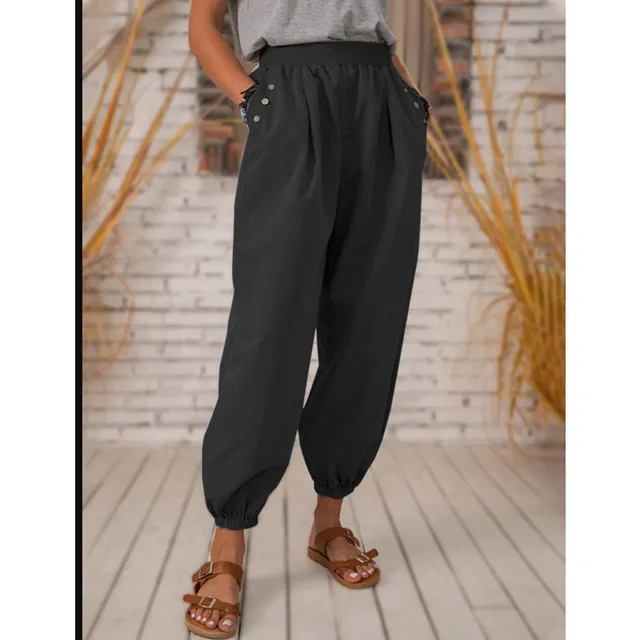 Pocket Polyester Cotton Pants Casual Bloomers Black - Shop at LoveMi