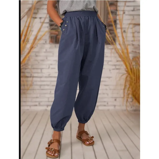 Pocket Polyester Cotton Pants Casual Bloomers Dark Blue - Shop at LoveMi