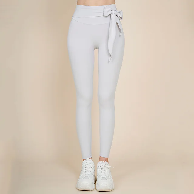 High Elasticity Skinny Slimming Bow Tie Design Sports Yoga Pants Gray - Shop at LoveMi