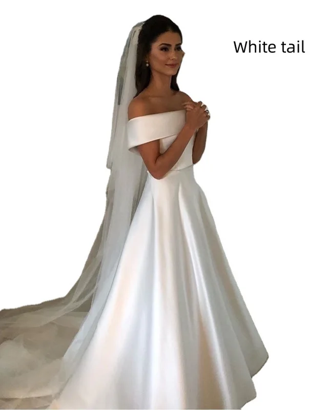 Simple A Line Wedding Dresses Satin Off The Shoulder Wedding Bridal Gowns Sweep Train Casual Dresses Zipper With Buttons Back White Tail - Shop at LoveMi