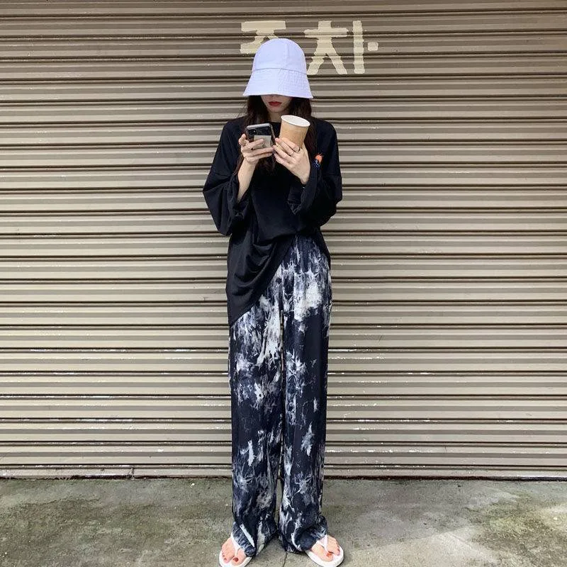 Women's Loose Wide Leg Pants Trousers High Waist - Dyed Black