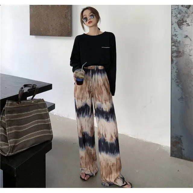 Women's Loose Wide Leg Pants Trousers High Waist Dyed Flowers - Shop at LoveMi