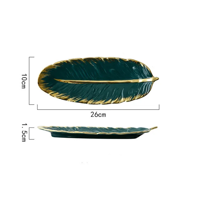 Glod Feather Platter Luxury Leaf Storage Tray For Women Green - Shop at LoveMi