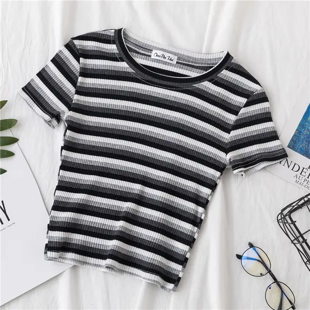 Crop T shirt Women Short Short Sleeve Rainbow Stripe Tight Navel Small Shirt New HyunA Wind High Waist Top 1Style - Shop at LoveMi