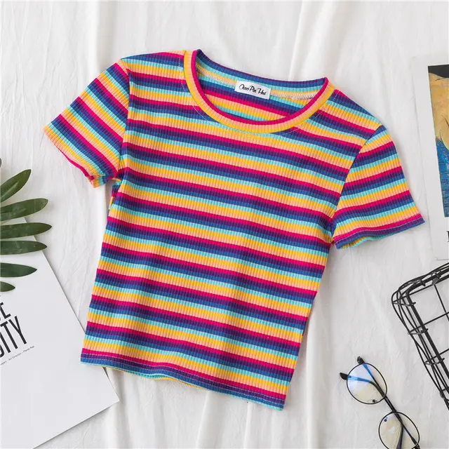 Crop T shirt Women Short Short Sleeve Rainbow Stripe Tight Navel Small Shirt New HyunA Wind High Waist Top 5Style - Shop at LoveMi