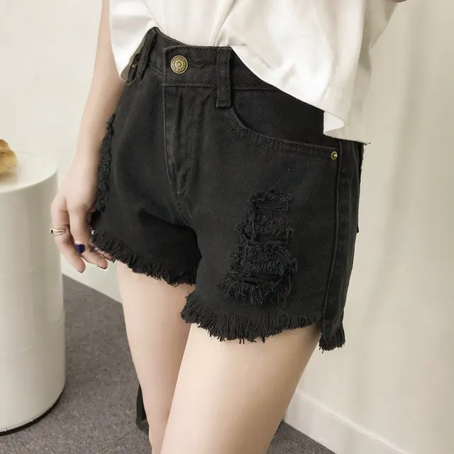 Wubi Crab With Cotton Ripped Holes High Waist Wide Leg Denim Shorts Women Loose Students All Match Hot Pants Black - Shop at LoveMi