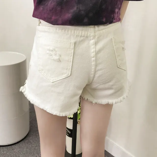 Wubi Crab With Cotton Ripped Holes High Waist Wide Leg Denim Shorts Women Loose Students All Match Hot Pants White - Shop at LoveMi