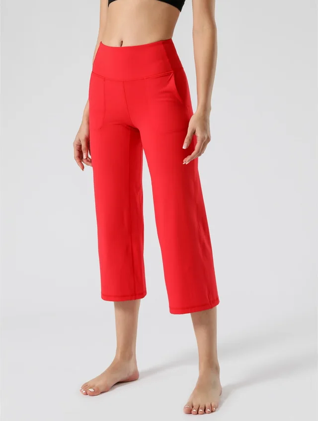 Women's High waist Yoga Wide leg Pants Pocket Dance Fitness Wide leg Cropped Straight leg Pants Crimson - Shop at LoveMi