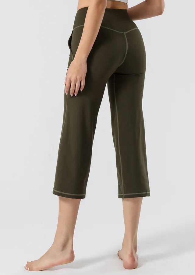 Women's High waist Yoga Wide leg Pants Pocket Dance Fitness Wide leg Cropped Straight leg Pants Dense Forest Green - Shop at LoveMi