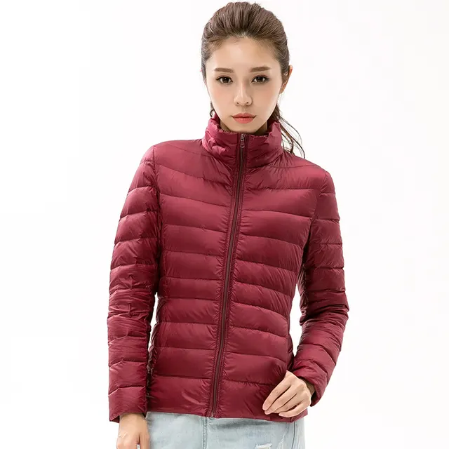 Lightweight Down Jacket Women's Solid Color Stand up Collar Wine Red - Shop at LoveMi