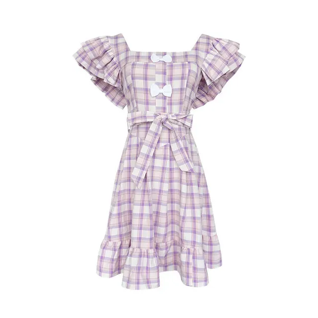 Summer Japanese Soft Girl Cute Bow Lotus Leaf Sleeve Strap Purple - Shop at LoveMi