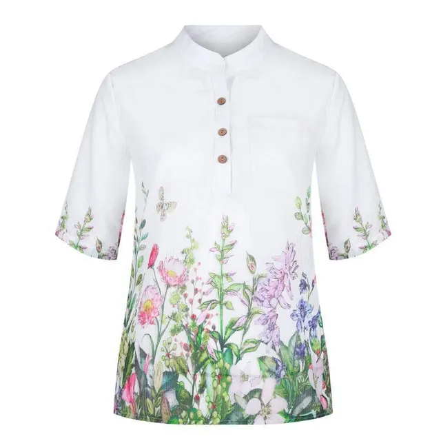 Fashion Printed Casual Stand Collar Short Sleeve Shirt Women White - Shop at LoveMi