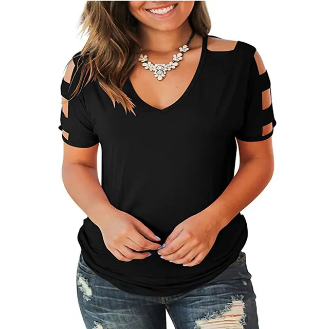 Short Sleeve Hollow Off Shoulder Top Deep V Neck Top Black - Shop at LoveMi