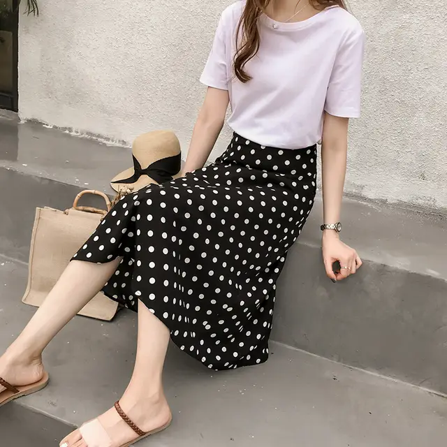 New Retro Style Polka Dot Chiffon Skirt Black - Shop at LoveMi