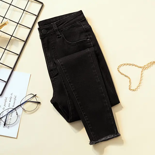 Smoke Gray Jeans High Waist Stretch Slimming Net Red Raw Trim Cropped Trousers Black - Shop at LoveMi