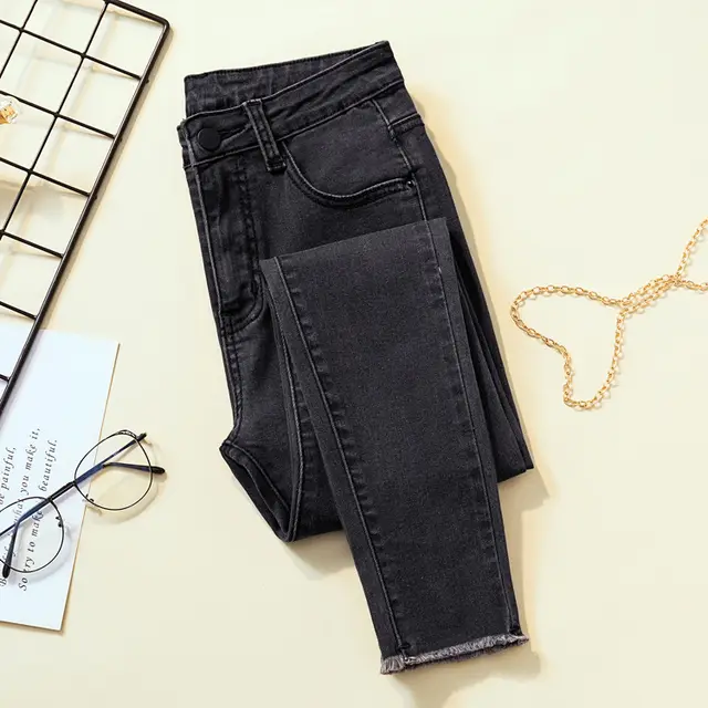 Smoke Gray Jeans High Waist Stretch Slimming Net Red Raw Trim Cropped Trousers Grey - Shop at LoveMi