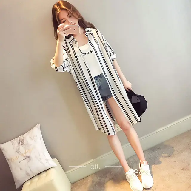 Cotton Hemp Sunscreen Shirt Women'S Long Sleeve Summer Korean Loose Medium Length Cardigan Striped Shirt Versatile Shawl Thin Coat Black - Shop at LoveMi
