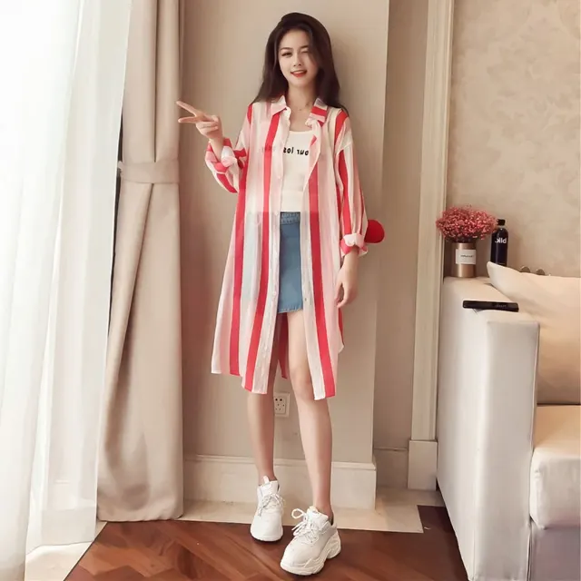 Cotton Hemp Sunscreen Shirt Women'S Long Sleeve Summer Korean Loose Medium Length Cardigan Striped Shirt Versatile Shawl Thin Coat Red - Shop at LoveMi